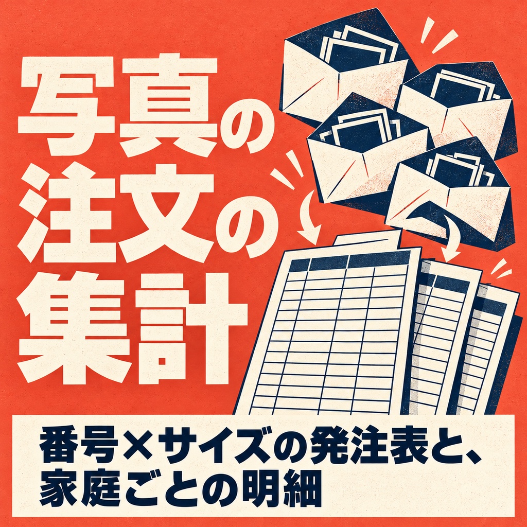 写真の注文袋の集計｜番号ごとの焼き増し枚数と家庭ごとの金額（体験版あり）