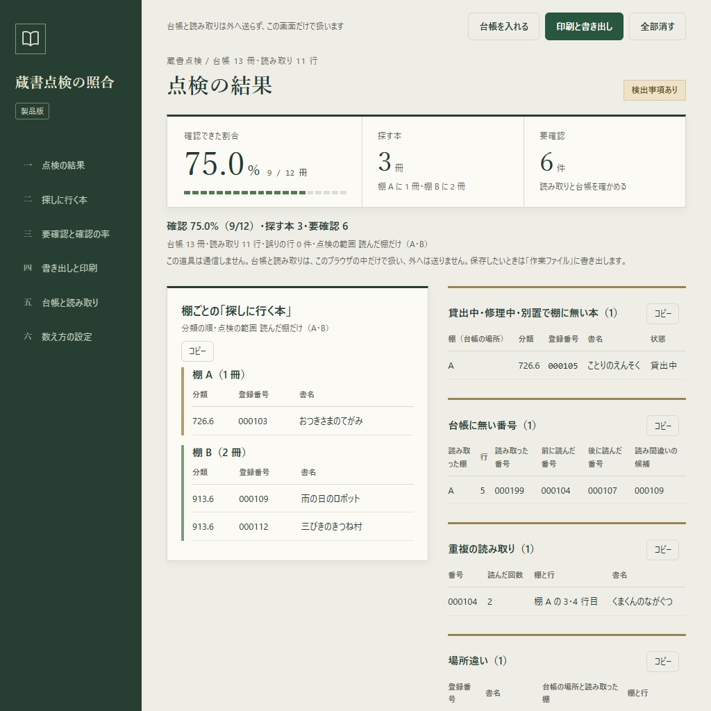 蔵書点検の照合|台帳と読み取りで不明本・場所違い・重複を一覧(体験版あり)