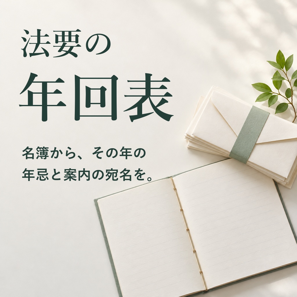 今年は誰の何回忌?名簿から年回表と案内の宛名|お寺・本家の年忌の事務に(体験版あり)