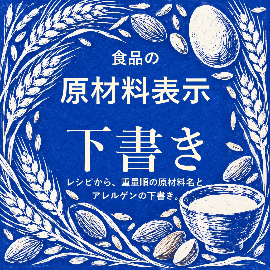 マルシェ・通販のお菓子の原材料表示とアレルゲンの下書き｜レシピから・令和8年の29品目（体験版あり）
