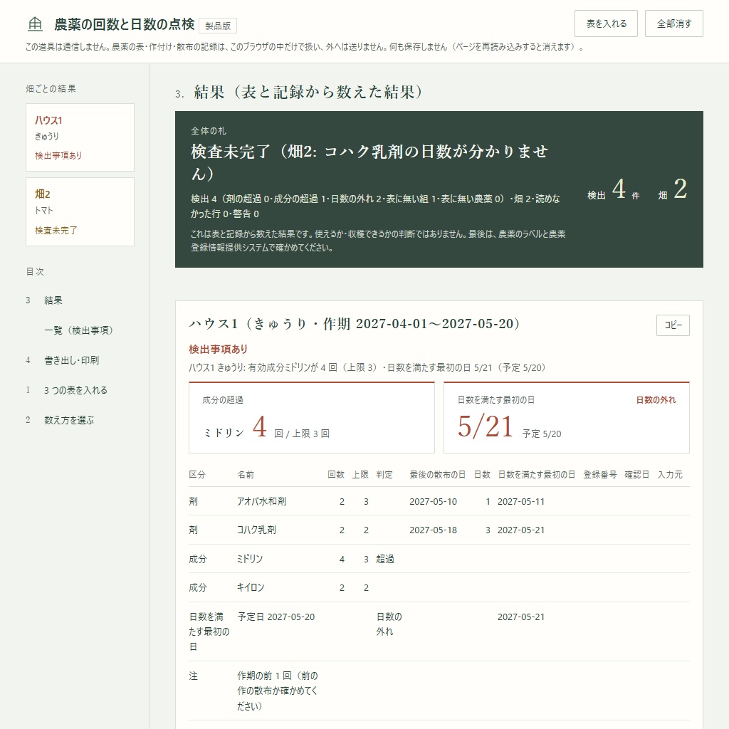 商品名が違っても同じ有効成分は合わせて数える|農薬の使用回数と収穫前日数の点検(体験版あり)