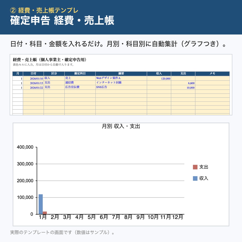 【確定申告】経費・売上帳Excelテンプレ|月別・科目別に自動集計(グラフつき)|個人事業主・副業向け