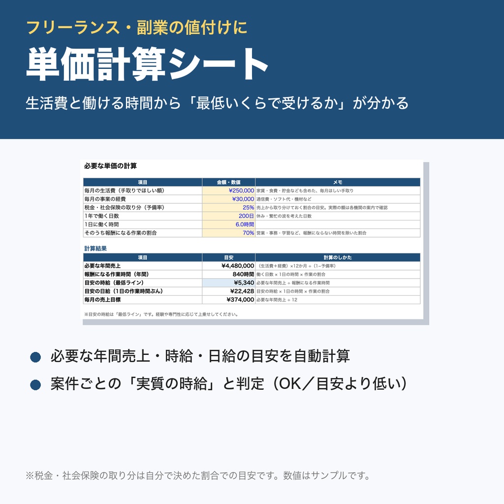 フリーランス単価計算シート｜生活費と稼働時間から最低時給・日給を計算＋案件ごとの実質時給チェック｜Excel