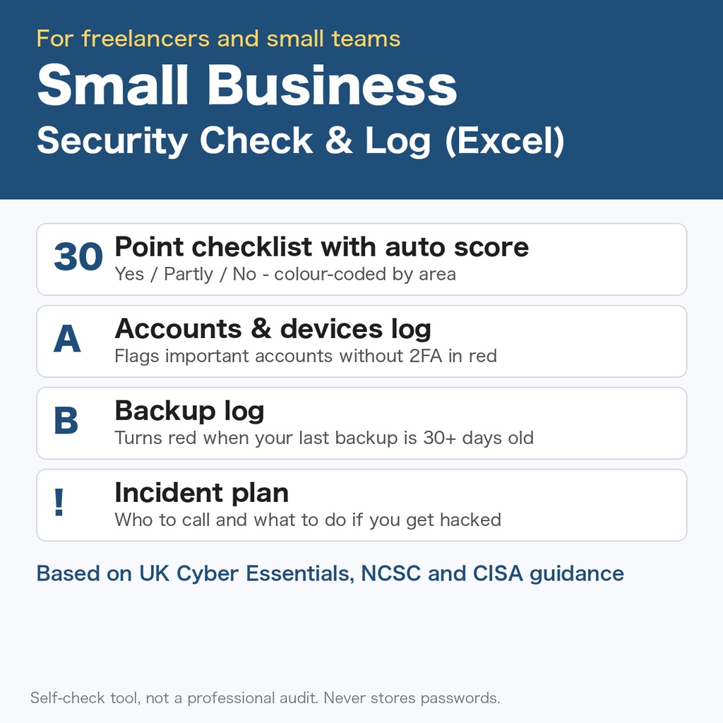 [English] Small Business Security Check & Log | 30-point self-check, accounts & backup log | Excel template for freelancers
