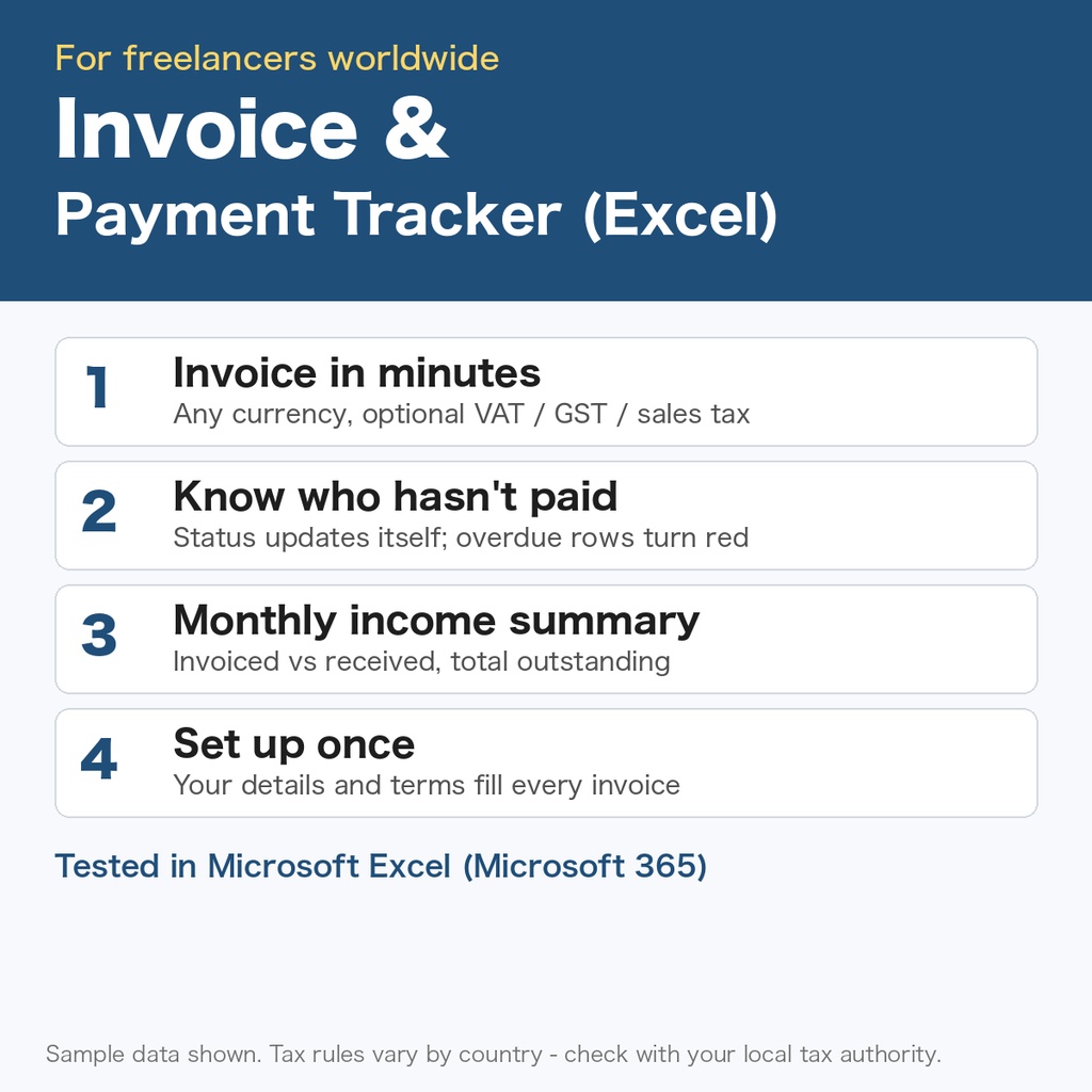 [English] Freelance Invoice & Payment Tracker | Any currency, VAT/GST ready, overdue alerts | Excel template