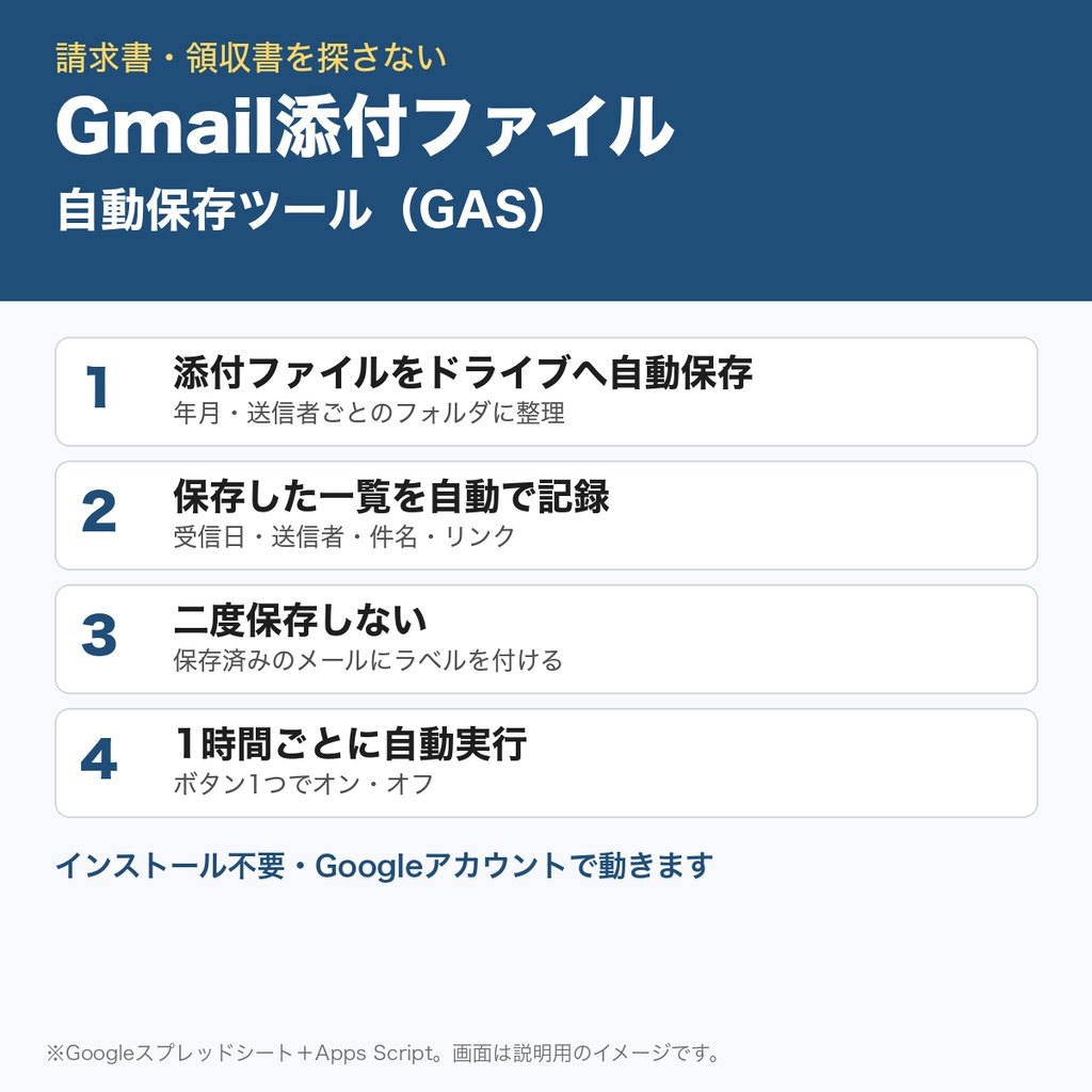 Gmail添付ファイル自動保存ツール｜請求書・領収書をGoogleドライブへ自動整理｜Google Apps Script