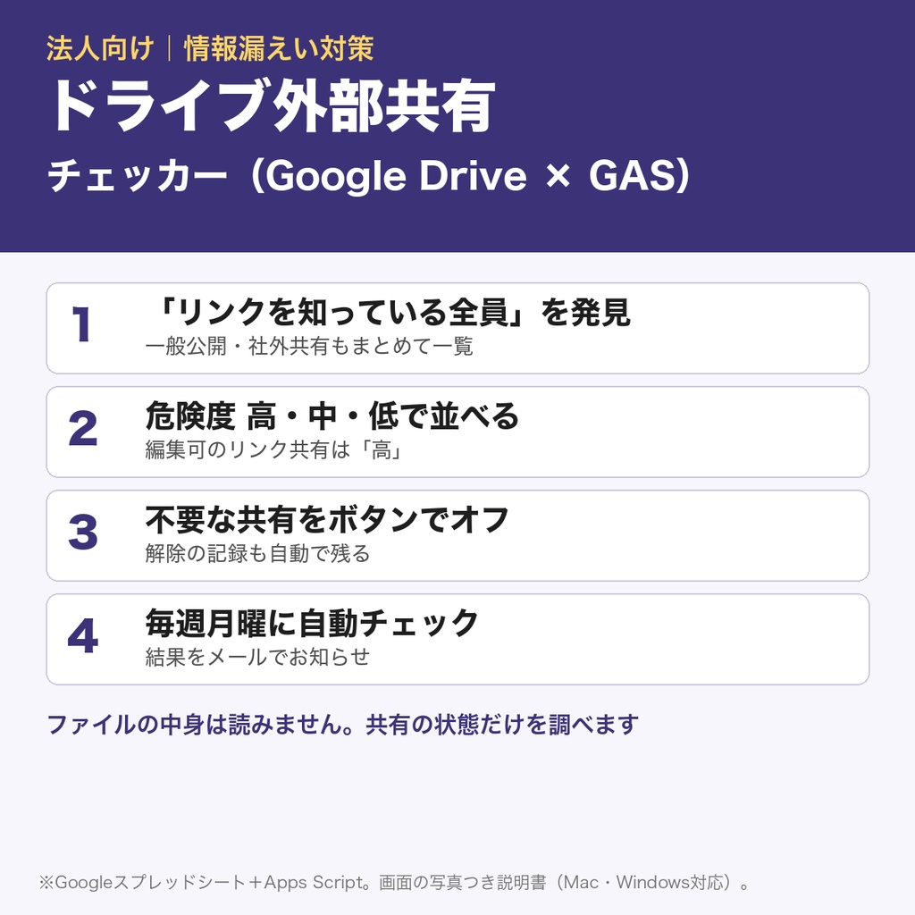 Googleドライブ外部共有チェッカー｜情報漏えい対策｜リンク共有・社外共有を一覧化｜Google Apps Script