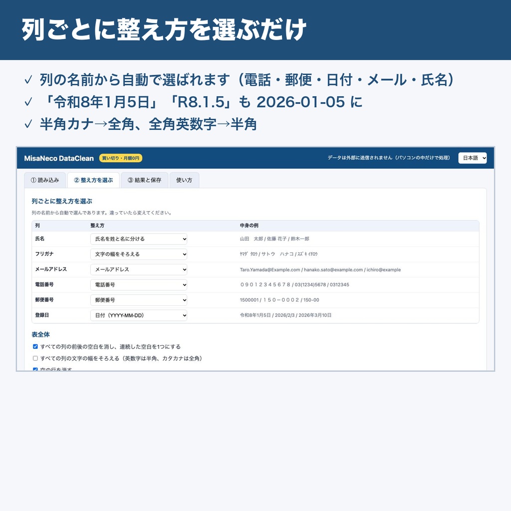 MisaNeco DataClean|買い切り|名簿・顧客リストの表記ゆれを一括整理(電話・郵便番号・和暦・メール・重複)
