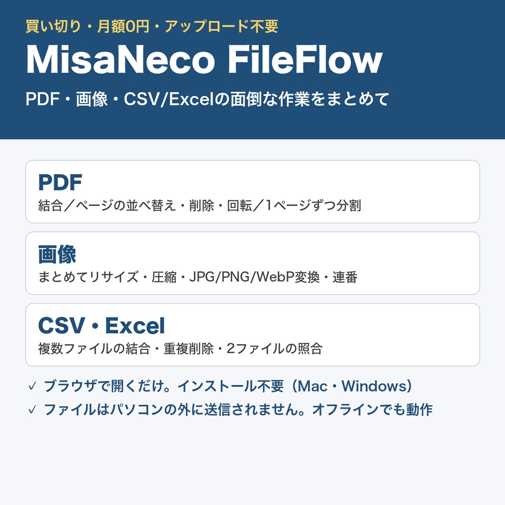 【¥1,960お得】オフライン事務ツール3点セット|FileFlow+DataLens+DataClean|買い切り・月額0円
