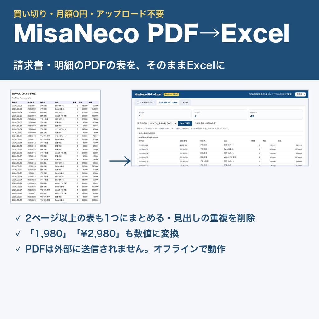 MisaNeco PDF→Excel|PDFの表をExcelに変換|請求書・明細もアップロード不要|買い切り