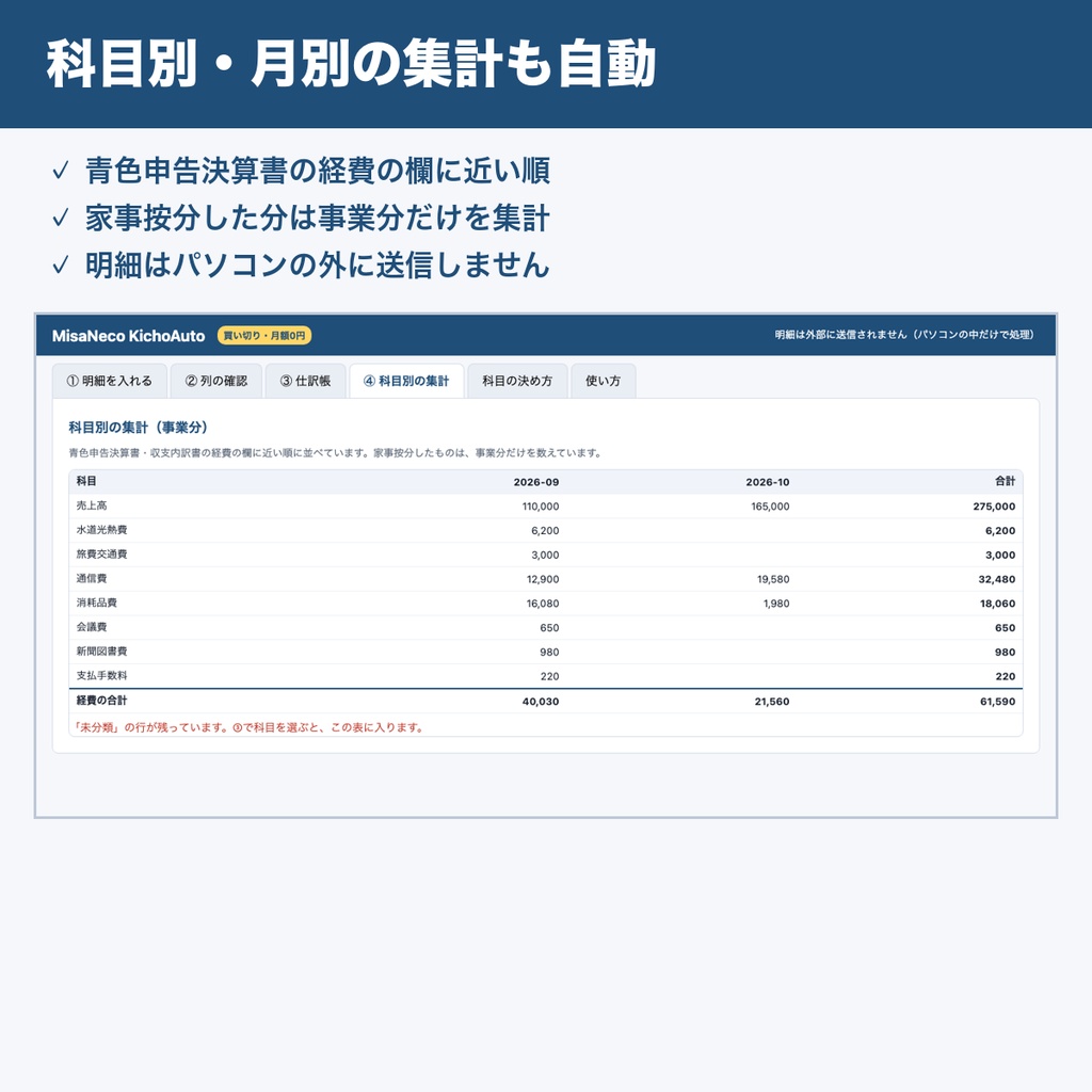 MisaNeco KichoAuto|カード・銀行の明細CSVから仕訳帳を自動作成|確定申告の帳簿づけ|買い切り