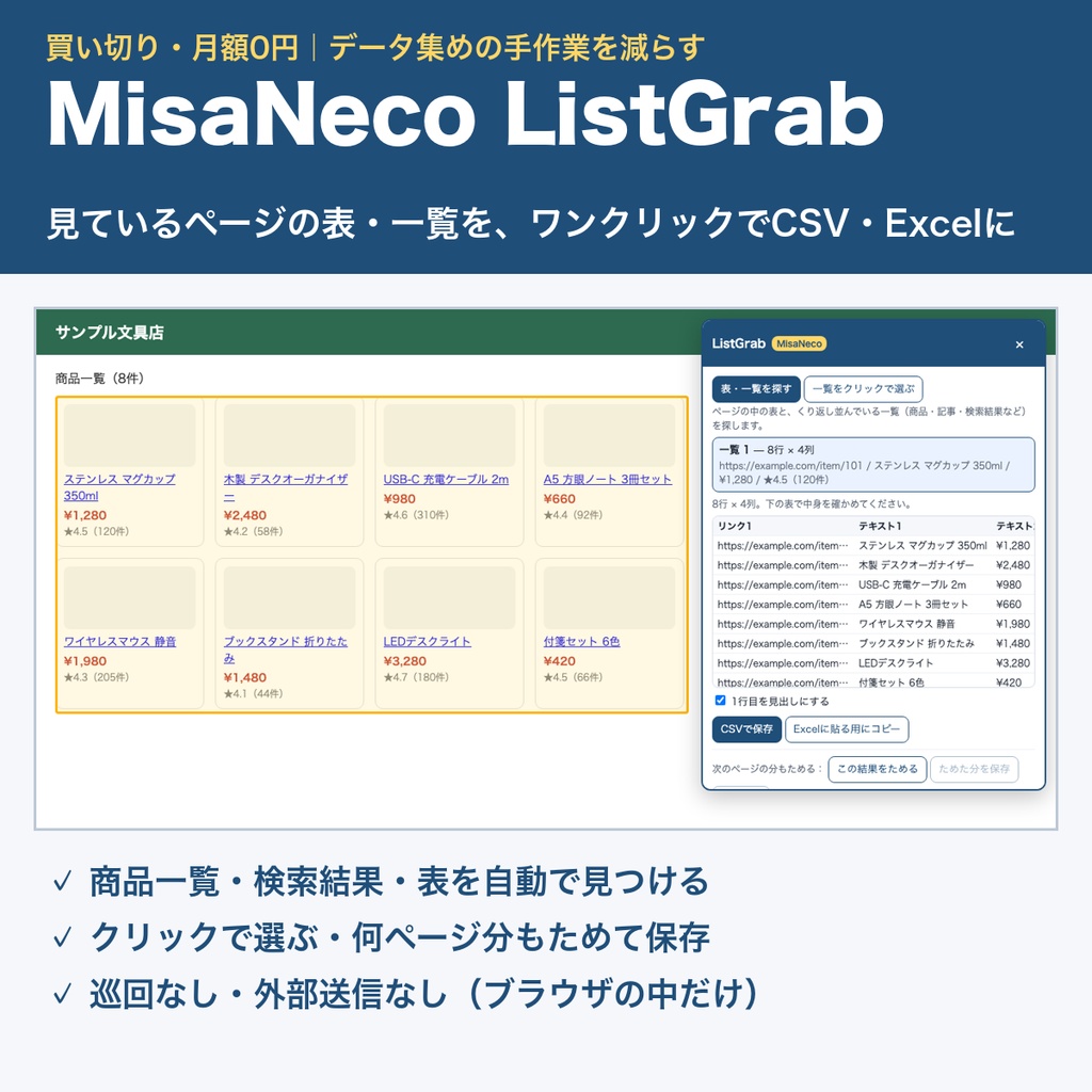 MisaNeco ListGrab｜見ているページの表・一覧をCSV・Excelに｜データ収集の効率化｜買い切り