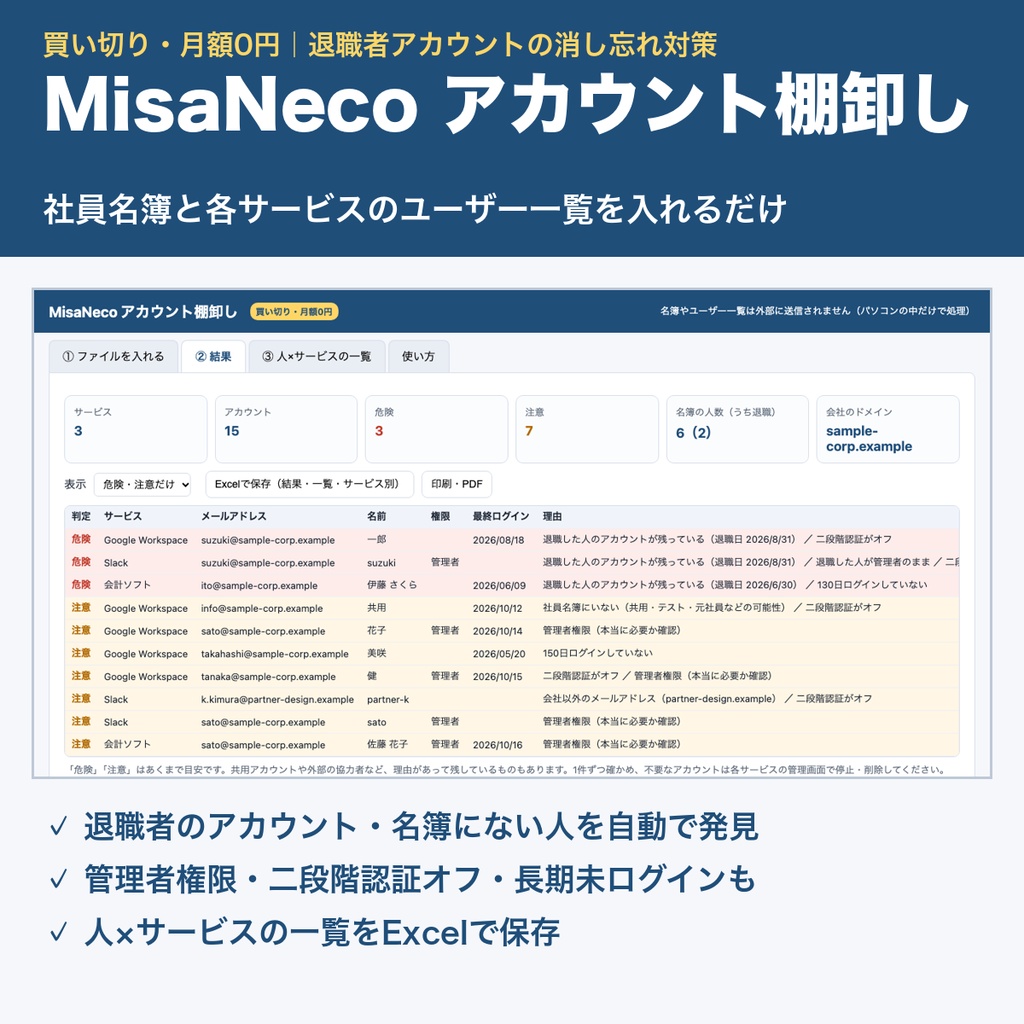 MisaNeco アカウント棚卸し｜退職者アカウントの消し忘れ・管理者権限をチェック｜小さな会社のセキュリティ｜買い切り