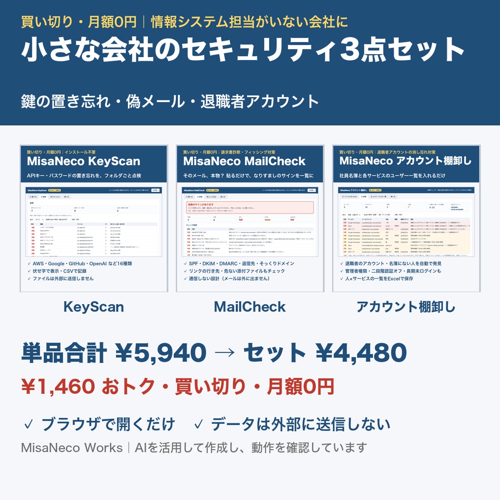 小さな会社のセキュリティ3点セット｜KeyScan・MailCheck・アカウント棚卸し｜¥1,460お得｜買い切り