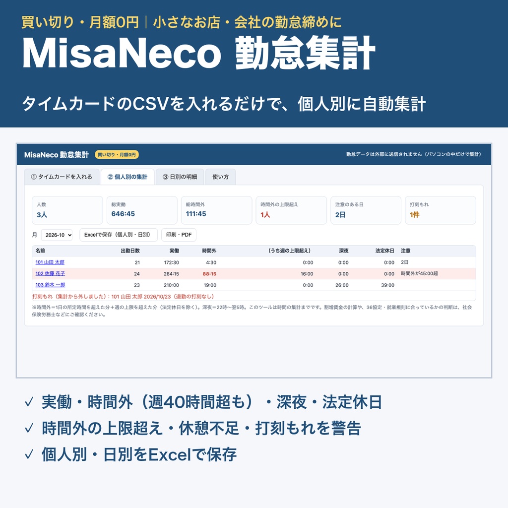 MisaNeco 勤怠集計｜タイムカードCSVから実働・残業・深夜を自動集計｜小さなお店・会社に｜買い切り