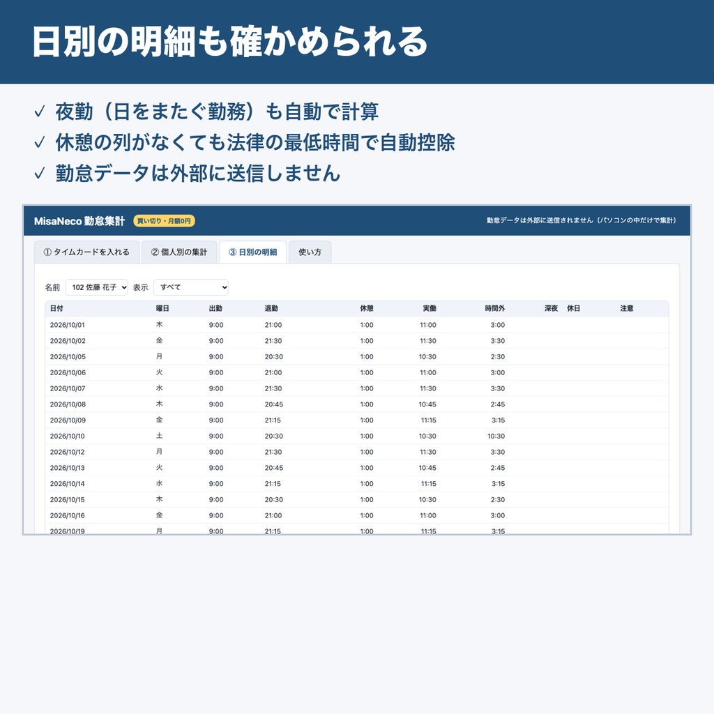 MisaNeco 勤怠集計|タイムカードCSVから実働・残業・深夜を自動集計|小さなお店・会社に|買い切り