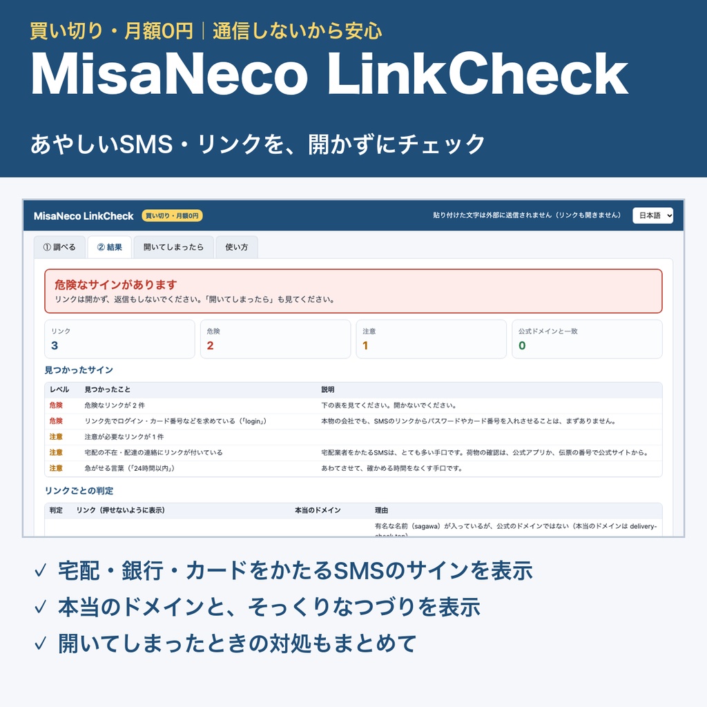 MisaNeco LinkCheck|あやしいSMS・リンクを開かずにチェック|宅配・銀行をかたる詐欺対策|買い切り