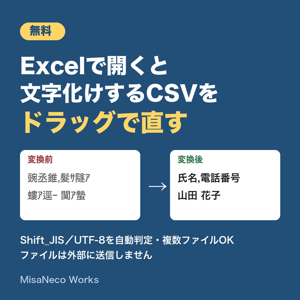 【無料】CSV文字化けなおし|Excelで開くと文字化けするCSVをドラッグで直す