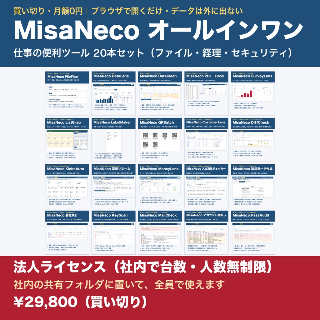 【法人ライセンス】MisaNeco オールインワン(20本)|社内で台数・人数無制限