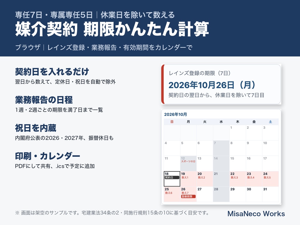 媒介契約 期限かんたん計算（レインズ登録・業務報告）