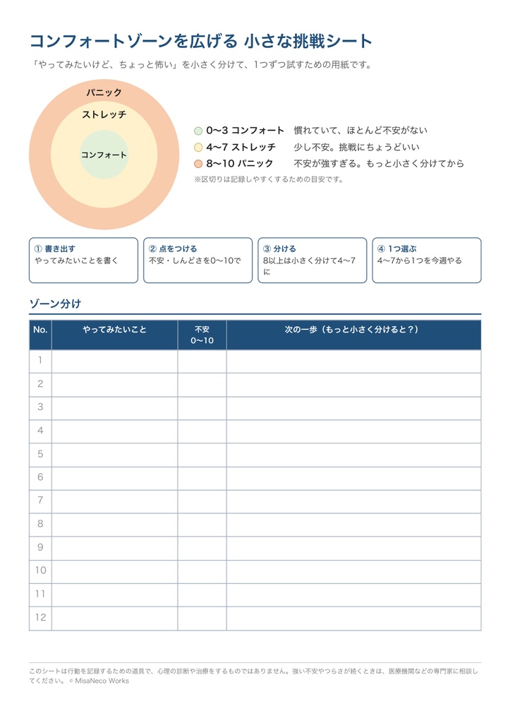 【無料】コンフォートゾーンを広げる 小さな挑戦シート(Excel・スプレッドシート+印刷用PDF)