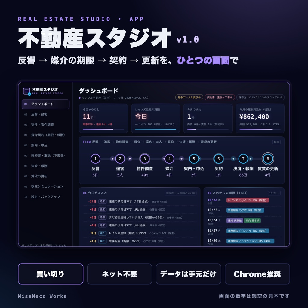 【買い切り・ネット不要】不動産スタジオ v1.0｜反響・追客・物件調査・媒介の期限・契約書の下書き・報酬・賃貸の更新をひとつの画面で