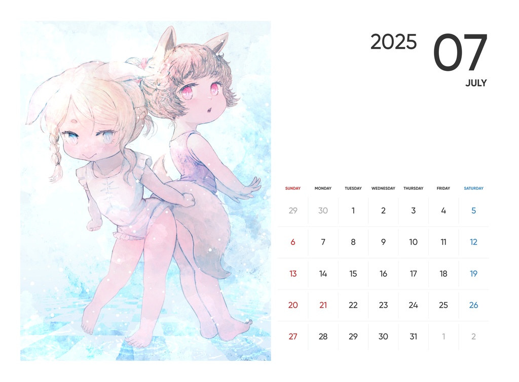 【Free DL】2025年ケモミミカレンダー　7月