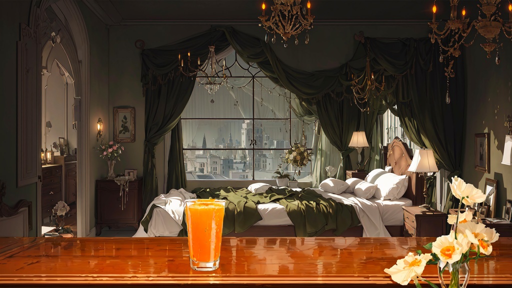 【Vtuber Animated Background】MP4| 夜の寝室「7枚」|Bedroom at night *7