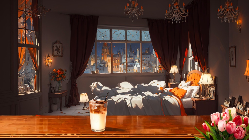 【Vtuber Animated Background】MP4| 夜の寝室「7枚」|Bedroom at night *7