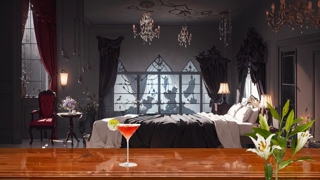 【Vtuber Animated Background】MP4| 夜の寝室「7枚」|Bedroom at night *7