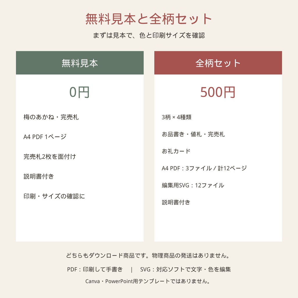 やさしい和の即売会セット|3柄・お品書き/値札/完売札/お礼カード|PDF+編集用SVG