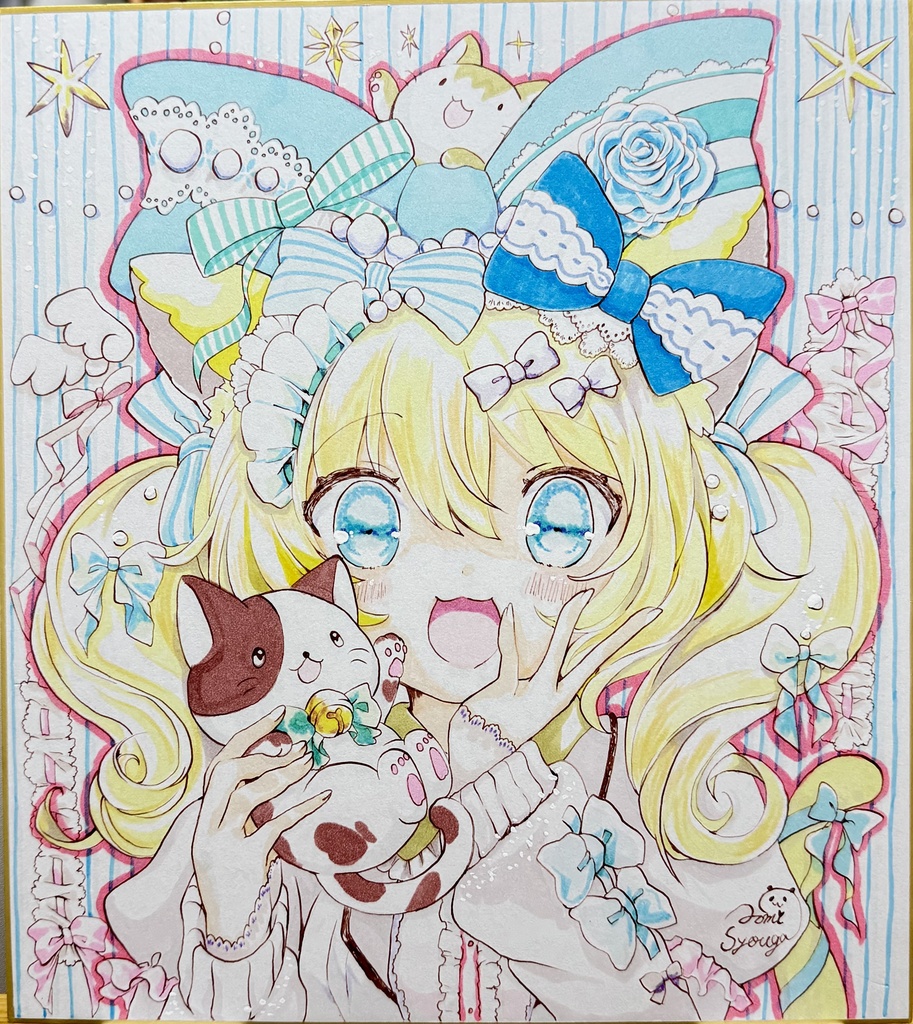 オリジナルイラスト色紙【リボンのネコ耳女の子】