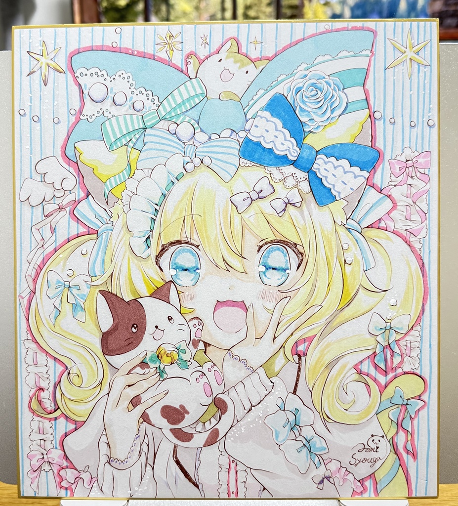 オリジナルイラスト色紙【リボンのネコ耳女の子】