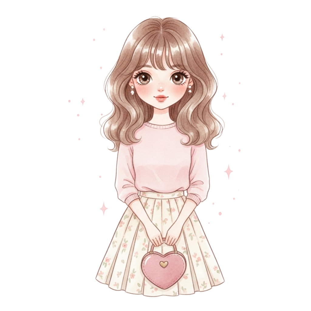 ピンク系今どきガールズ・水彩クリップアートセット(12点)