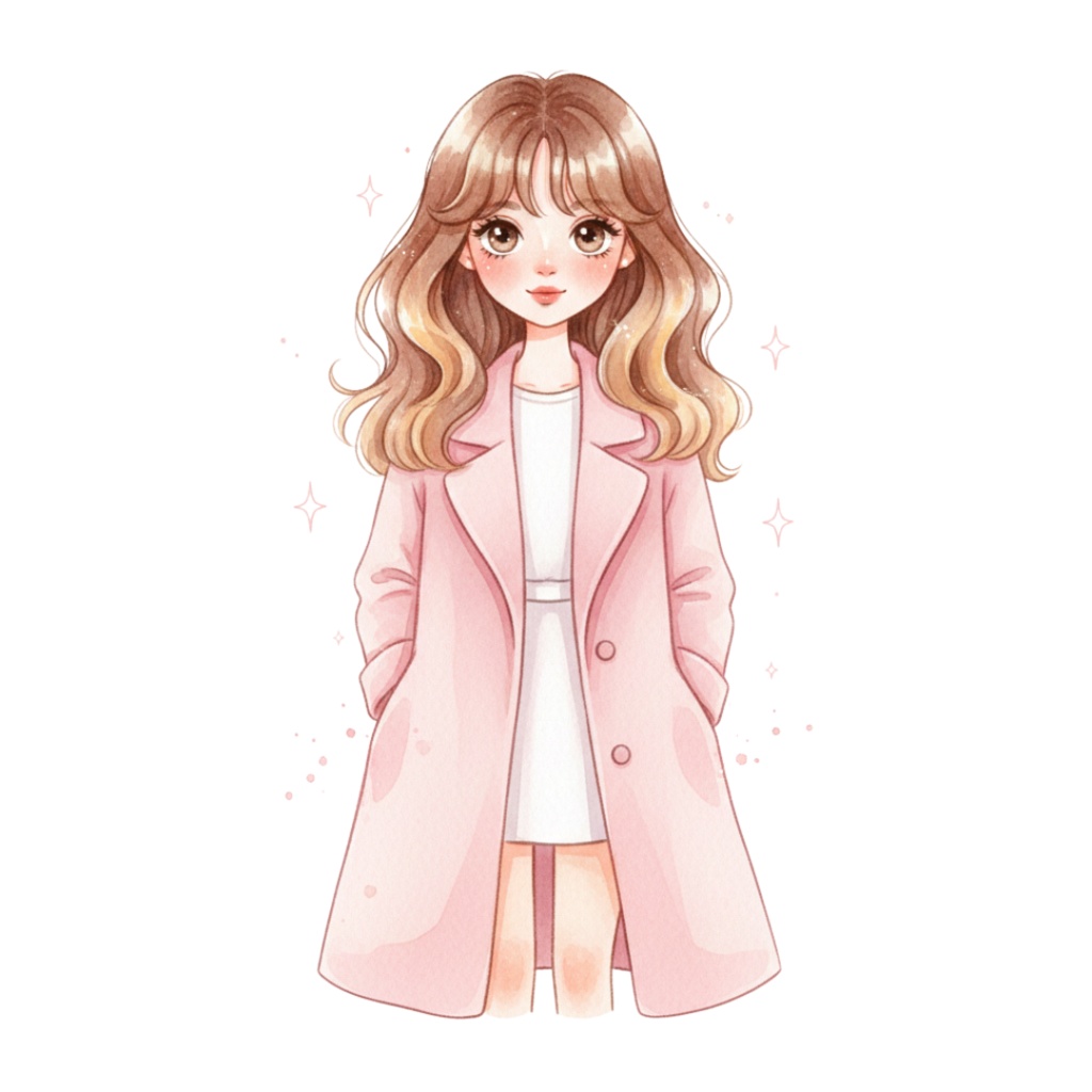 ピンク系今どきガールズ・水彩クリップアートセット(12点)