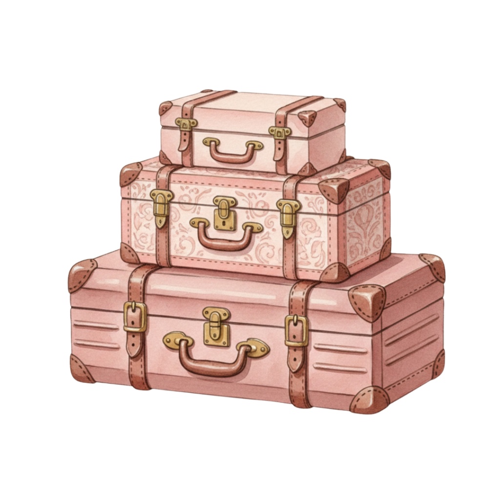 ピンクの旅モチーフ素材セット|水彩・ヴィンテージ風クリップアート