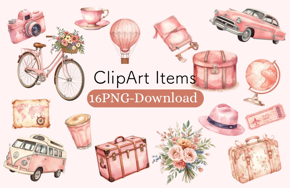 レトロピンクの旅アイテムクリップアート｜16点セット