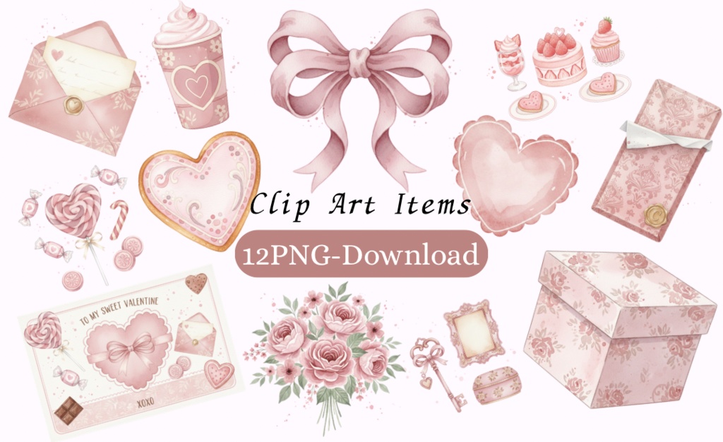 Pastel Valentine Clipart｜水彩レトロ素材（12点）