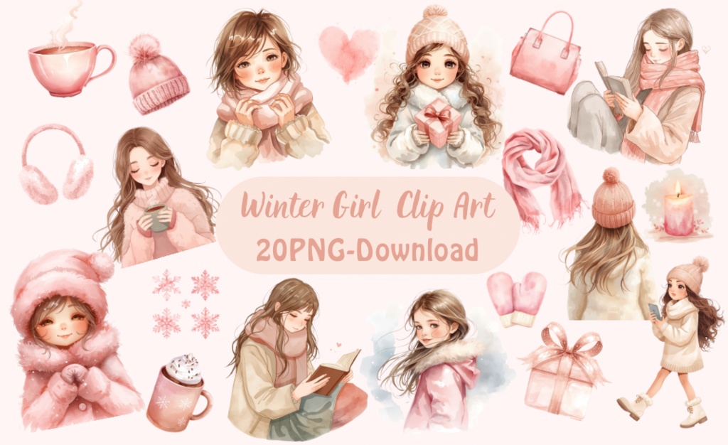 Winter Girl Pastel Clip Art｜20 PNGセット（水彩ふんわり冬ガール）