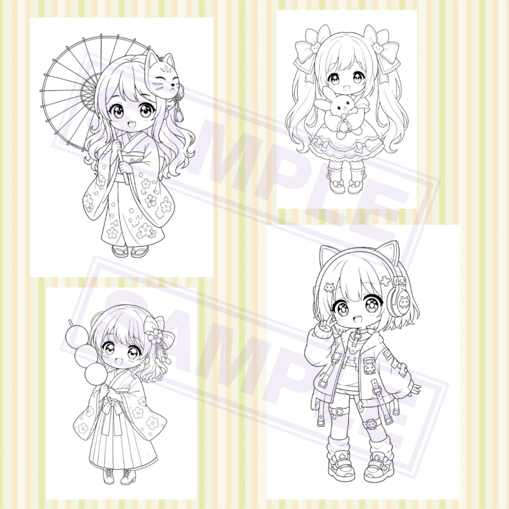 【デジタル・印刷両対応】ゆるかわちびキャラ美少女 塗り絵線画8枚