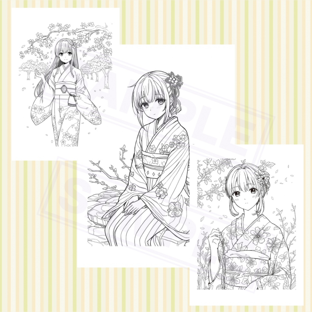 【26枚セット】心ときめく 和の美少女ぬりえ 〜四季と着物女子〜印刷用PDF