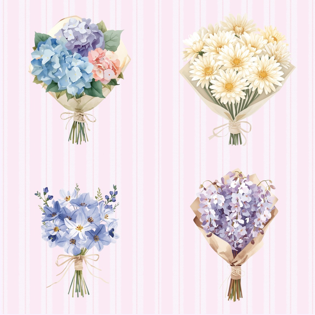 【水彩クリップアート】12ヶ月の誕生花ブーケ12点セット|手帳デコ・メッセージカード素材・背景透過PNG