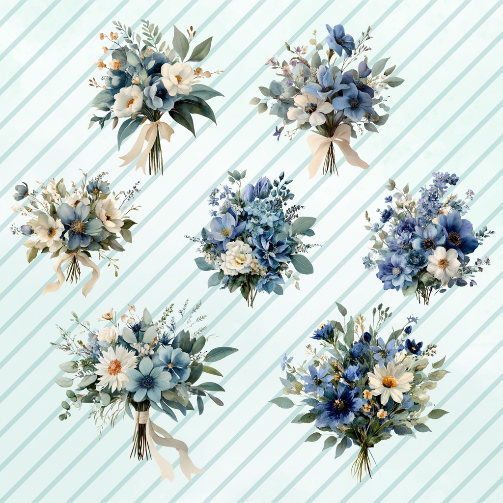 ダスティブルーの水彩ブーケ クリップアート|背景透過PNG素材|結婚式・招待状・ショップカード