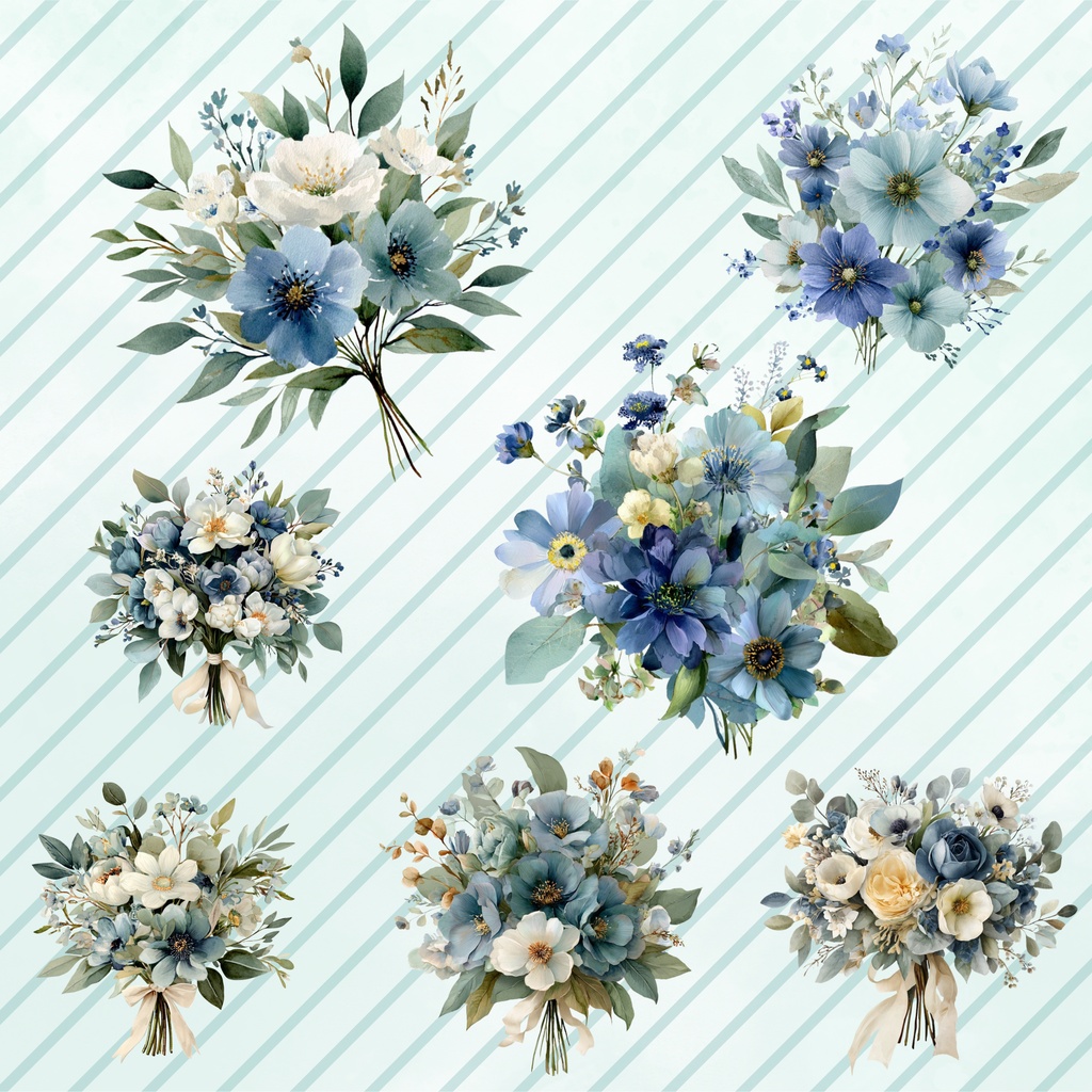 ダスティブルーの水彩ブーケ クリップアート|背景透過PNG素材|結婚式・招待状・ショップカード