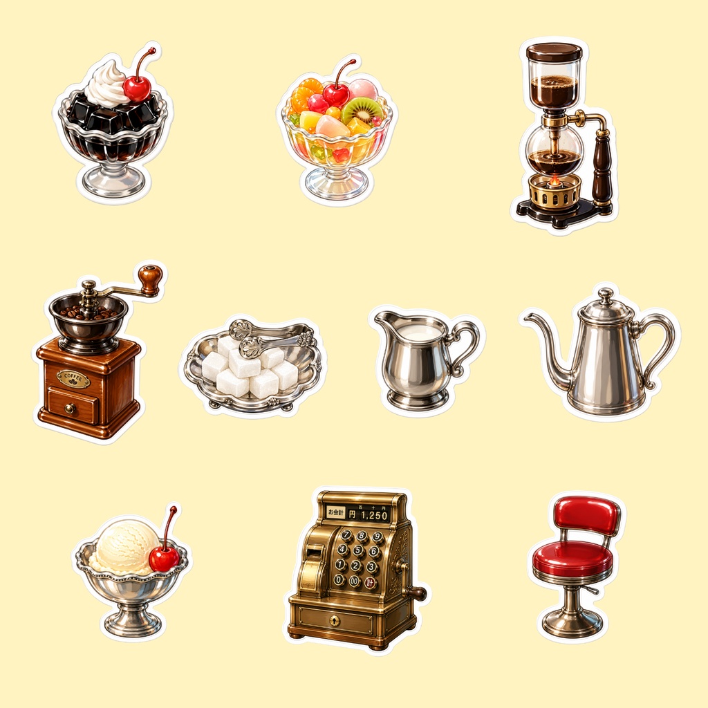 昭和喫茶 デジタルプランナーステッカー Vol.4【ぷくぷくシール】| Showa Retro Cafe Planner Stickers Vol.4 | Puffy Stickers