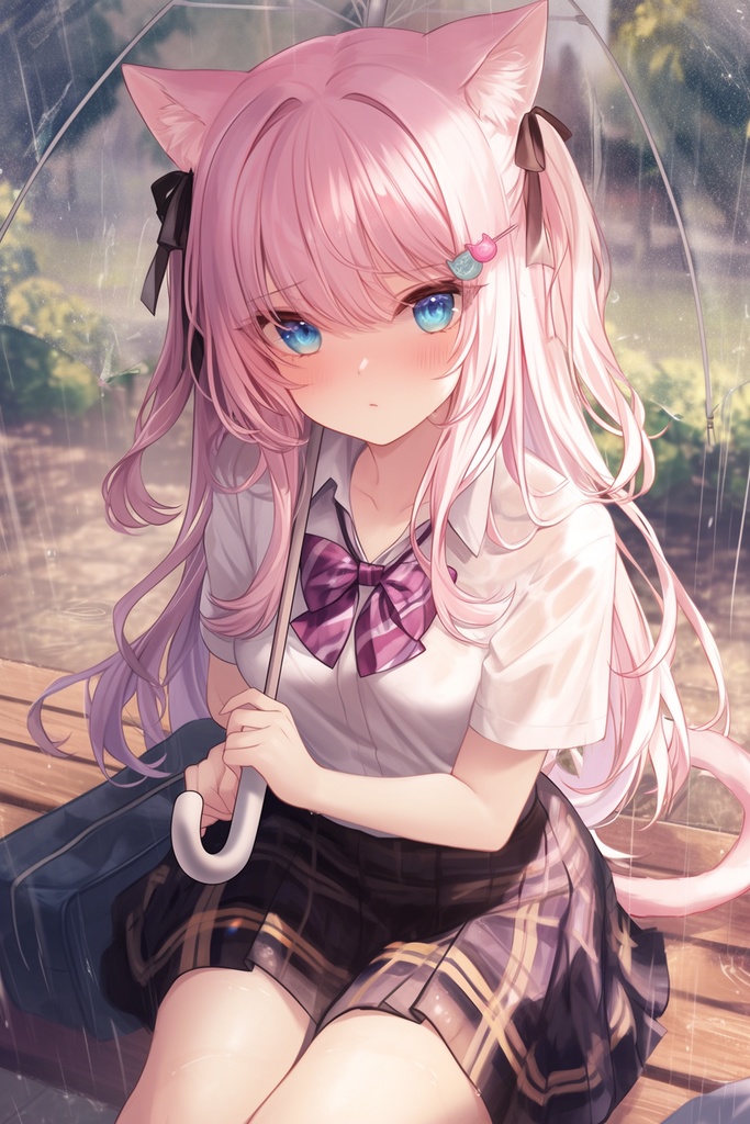 雨の日の制服猫耳少女