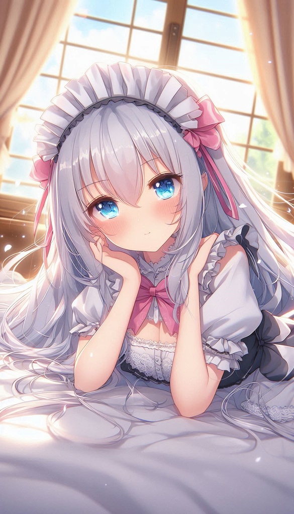 ベッドで寝ている銀髪の女の子（メイド）