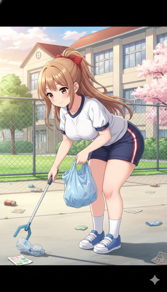 ゴミを拾ってる女子高生（体操着、ブルマ））