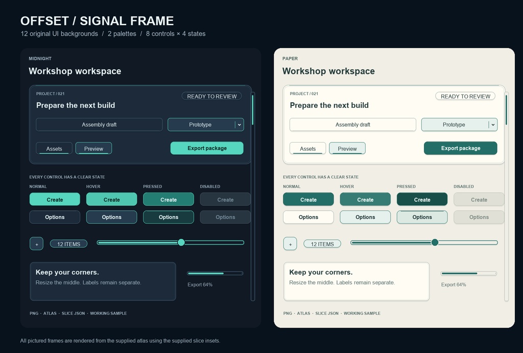 OFFSET / SIGNAL FRAME + Binary Dither Atlas — UI背景と二値模様
