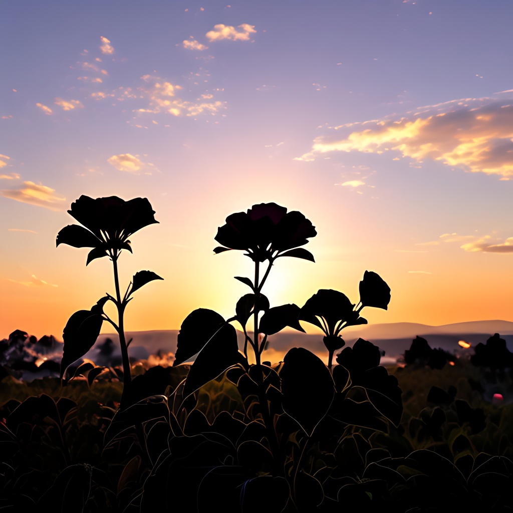 夕日と花［シルエット］